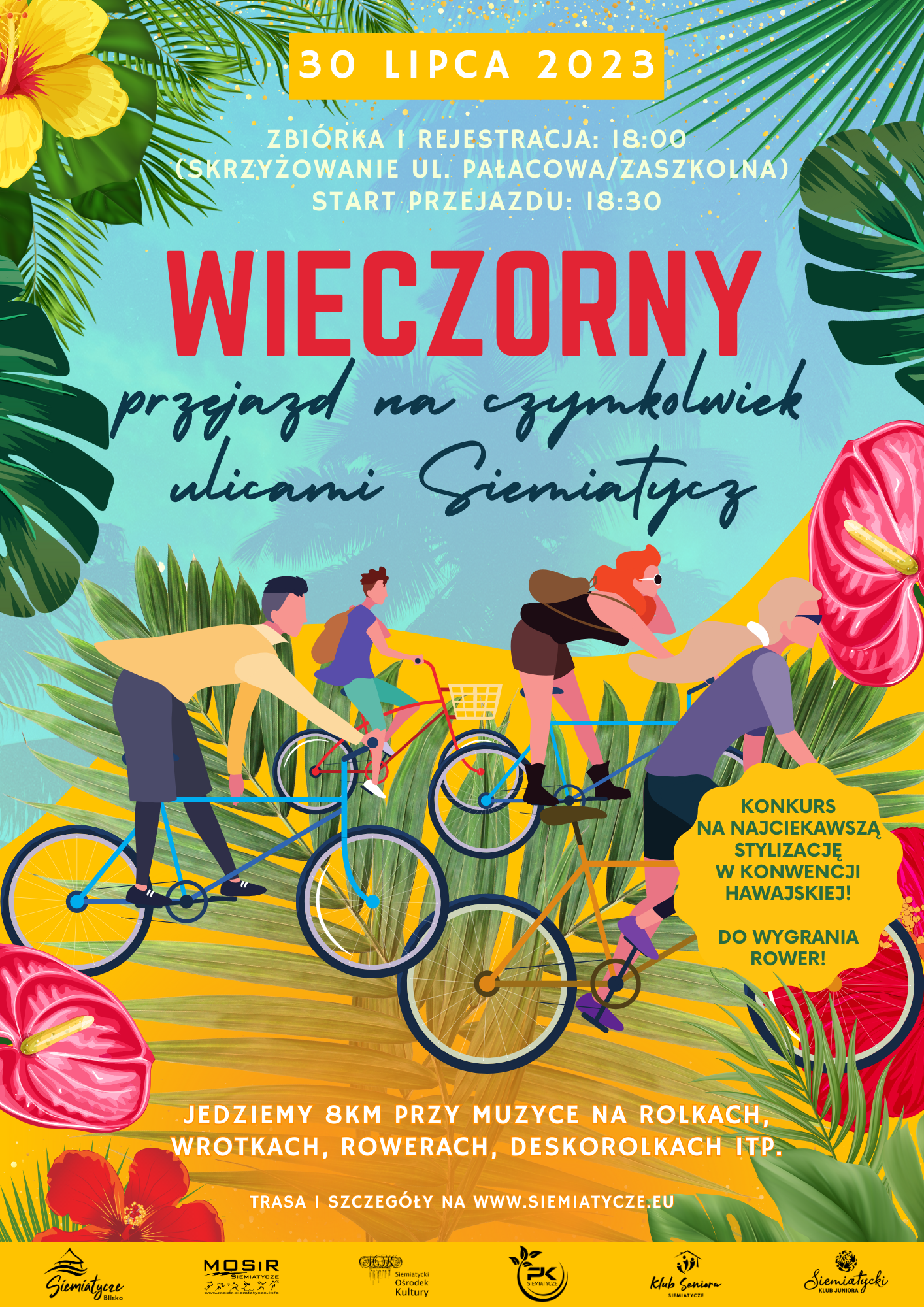 Grafika promująca Wieczorny Przejazd na Czymkolwiek Ulicami Siemiatycz, która odbędzie się 30 lipca 2023 r.