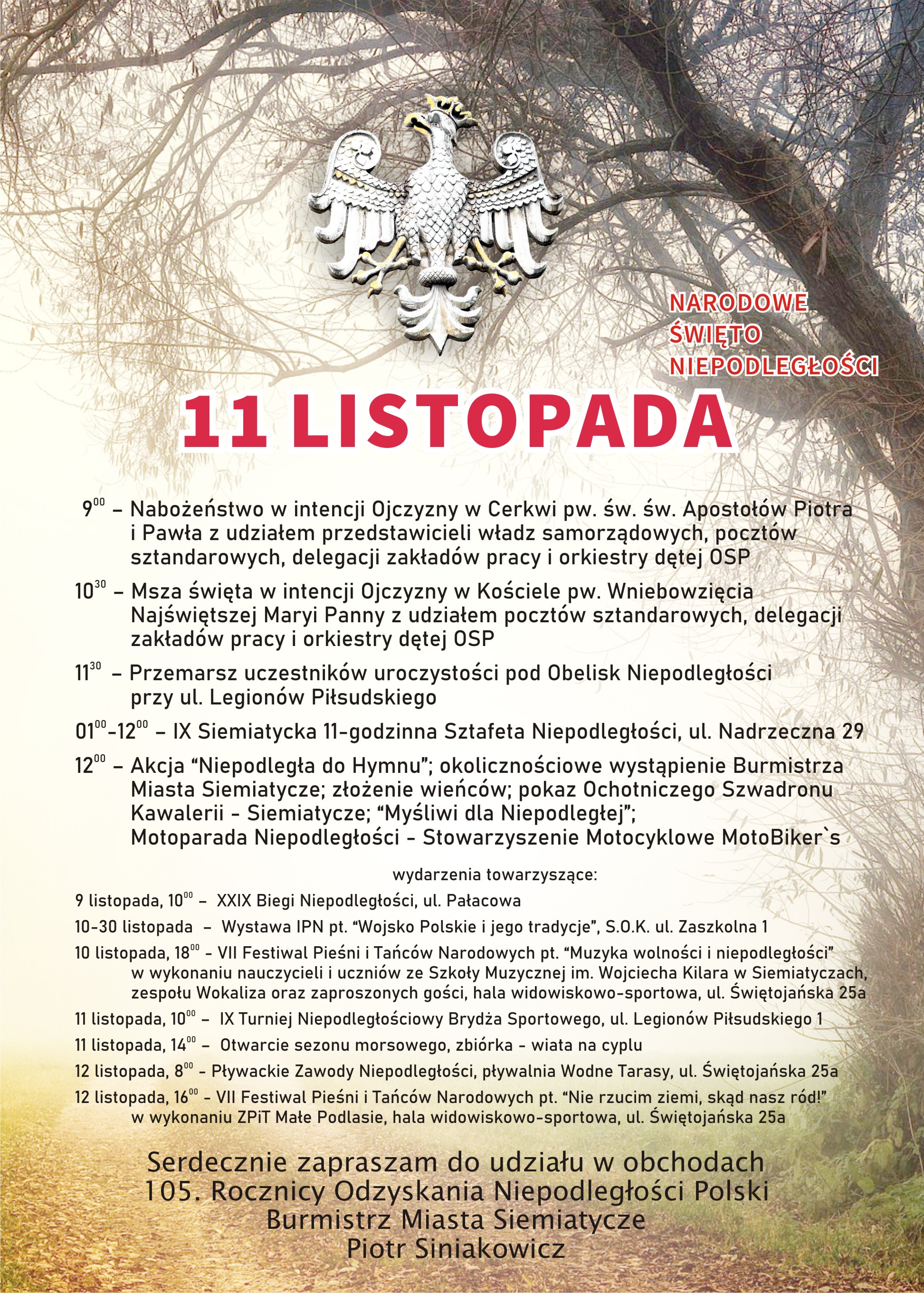 Plakat przedstawiający rozpiskę wydarzeń związanych  z obchodami uroczystości 11 Listopada.