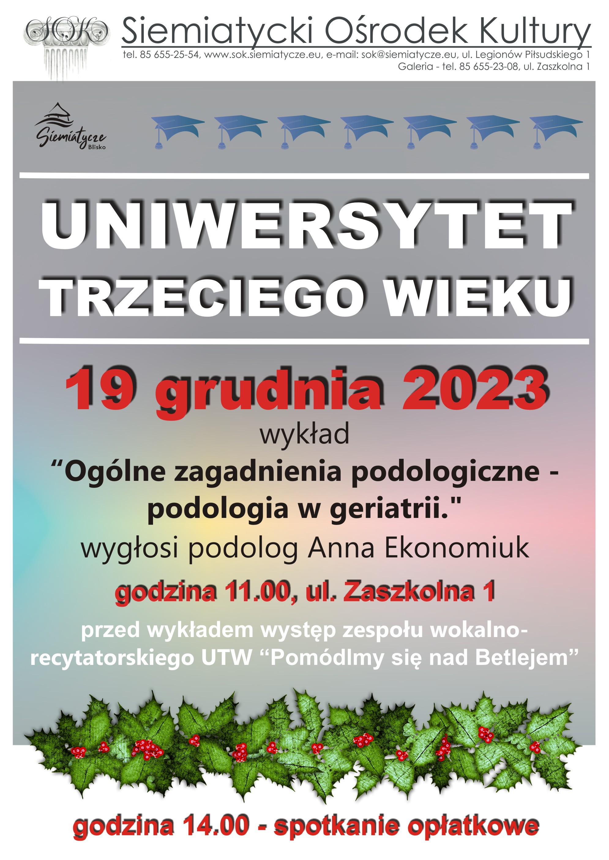 Grafika promująca Wykład oraz spotkanie opłatkowe Słuchaczy Uniwersytetu Trzeciego Wieku.